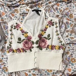 Forever 21 Floral Embroidered Cream Halter Top